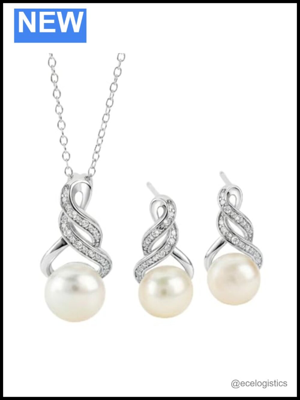 Sterling Silver Pearl Diamond Necklace Earring Set 18 Inch Chain